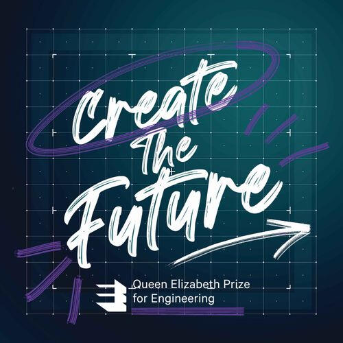 A turquoise and white logo tile reading 'Create the Future - Queen Elizabeth Prize for Engineering podcast'